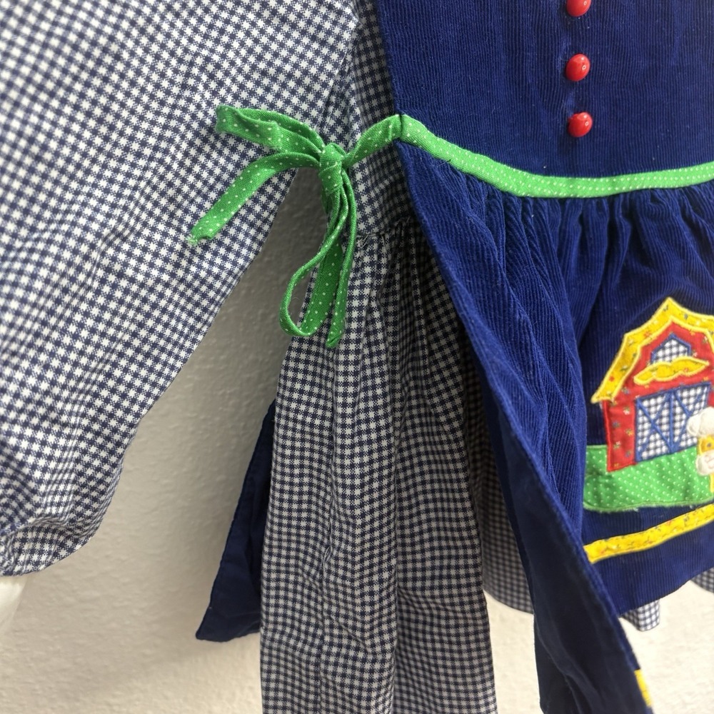 Vintage 2 Piece Farm Gingham Dress Navy Corduroy Pinafore Baby Girl Dress 9-12M - Picture 4 of 13